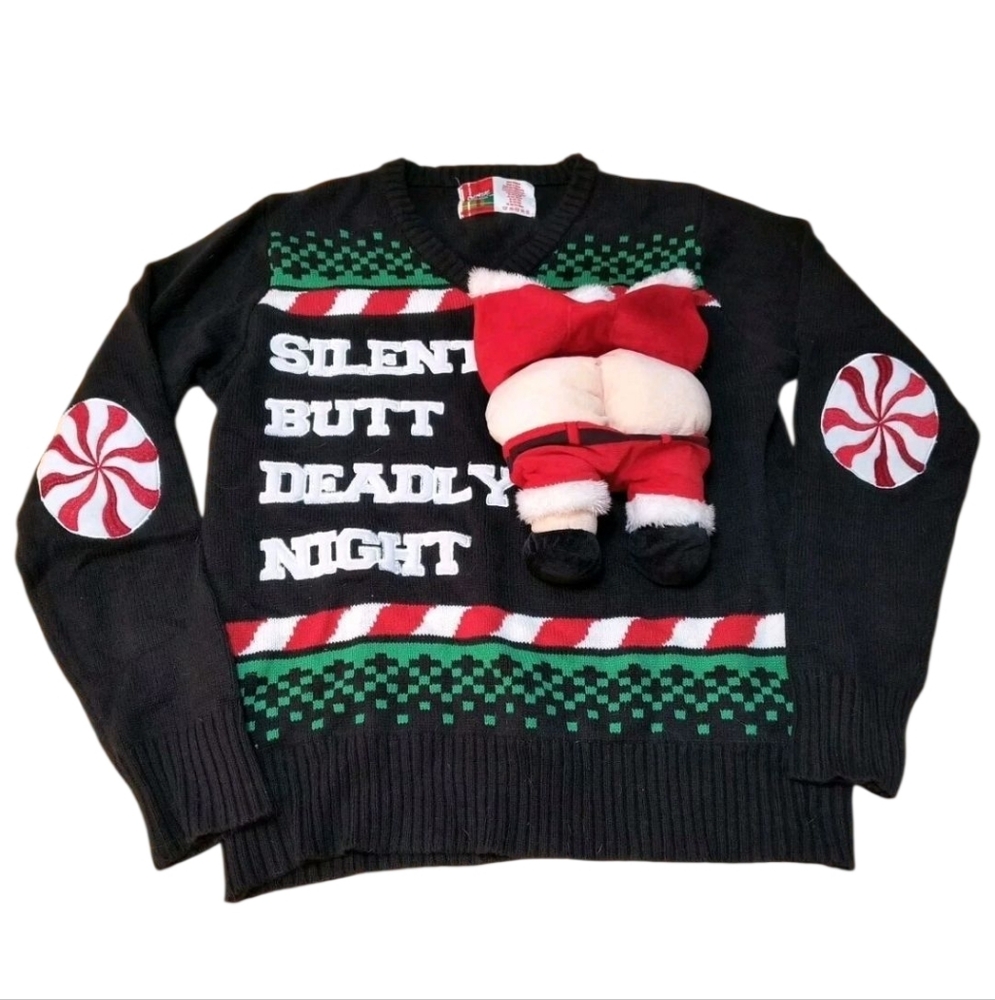 SPENCER'S Workshop SILENT BUTT DEADLY NIGHT funny UGLY Christmas Sweater LG